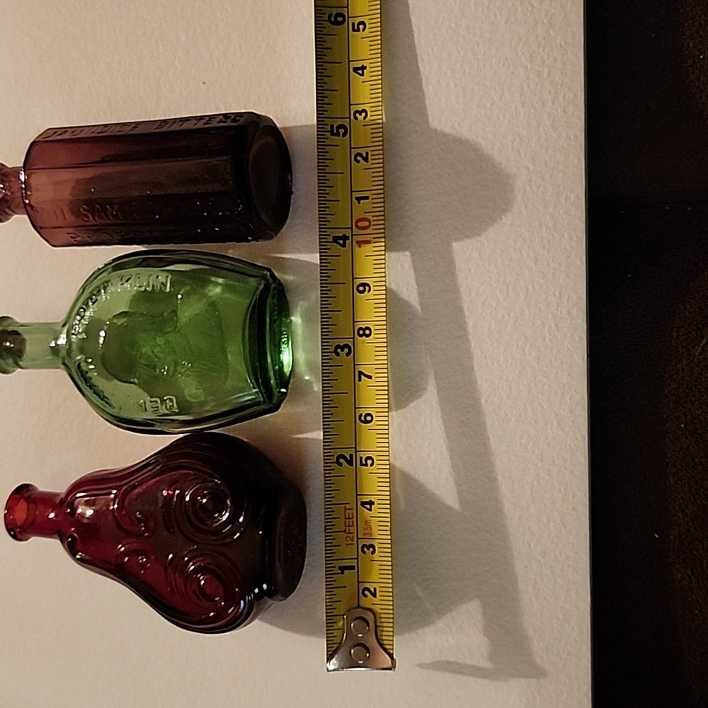 Set of Three Vintage Glass Bottles - Red, Green, and Purple - Picture 2 of 7